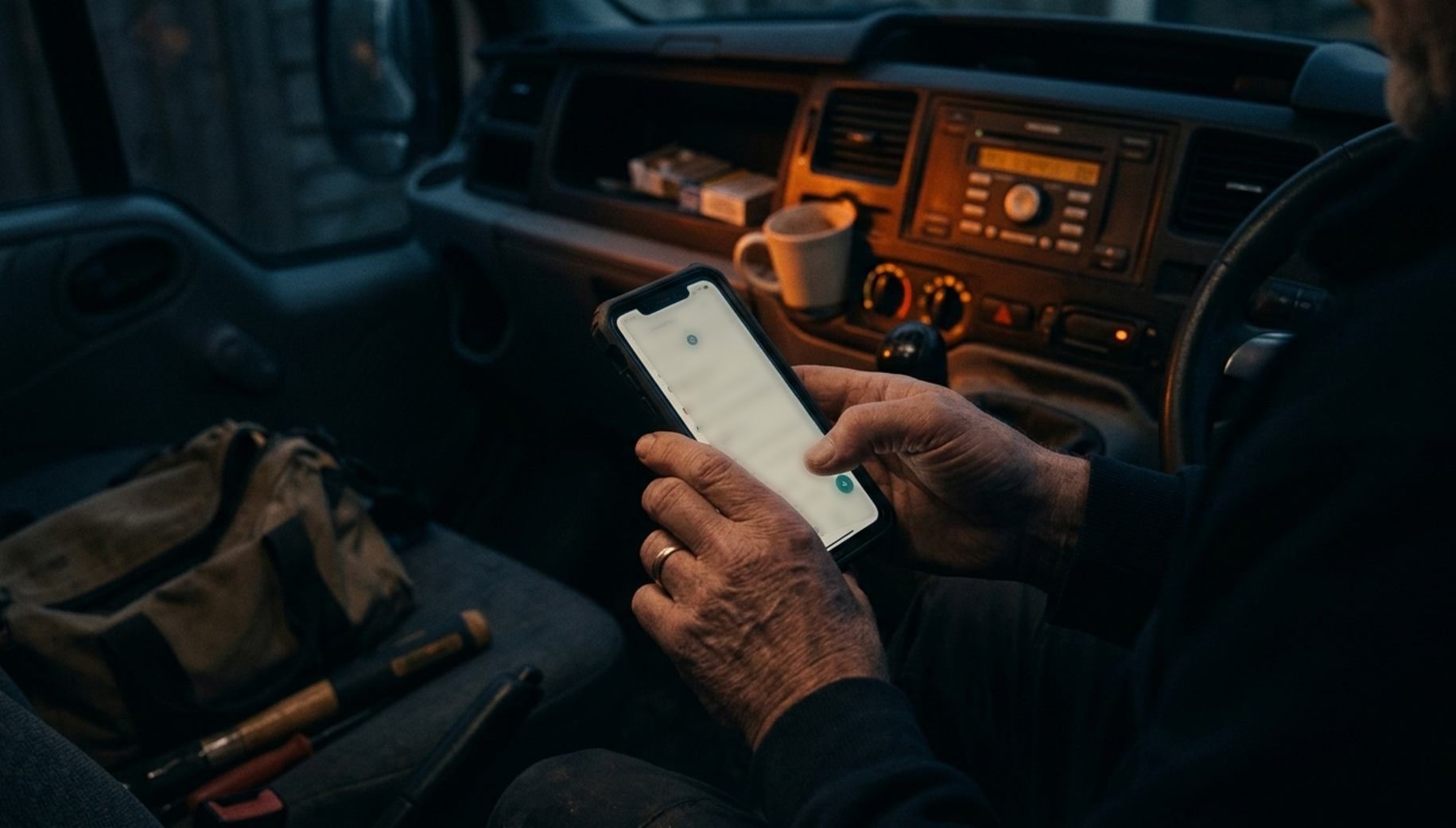 A tradesman in his van at dusk, looking something up on his phone